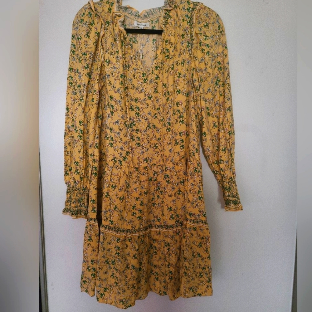 Max Studio Smocked Mini Dress Yellow Floral Fields NWT